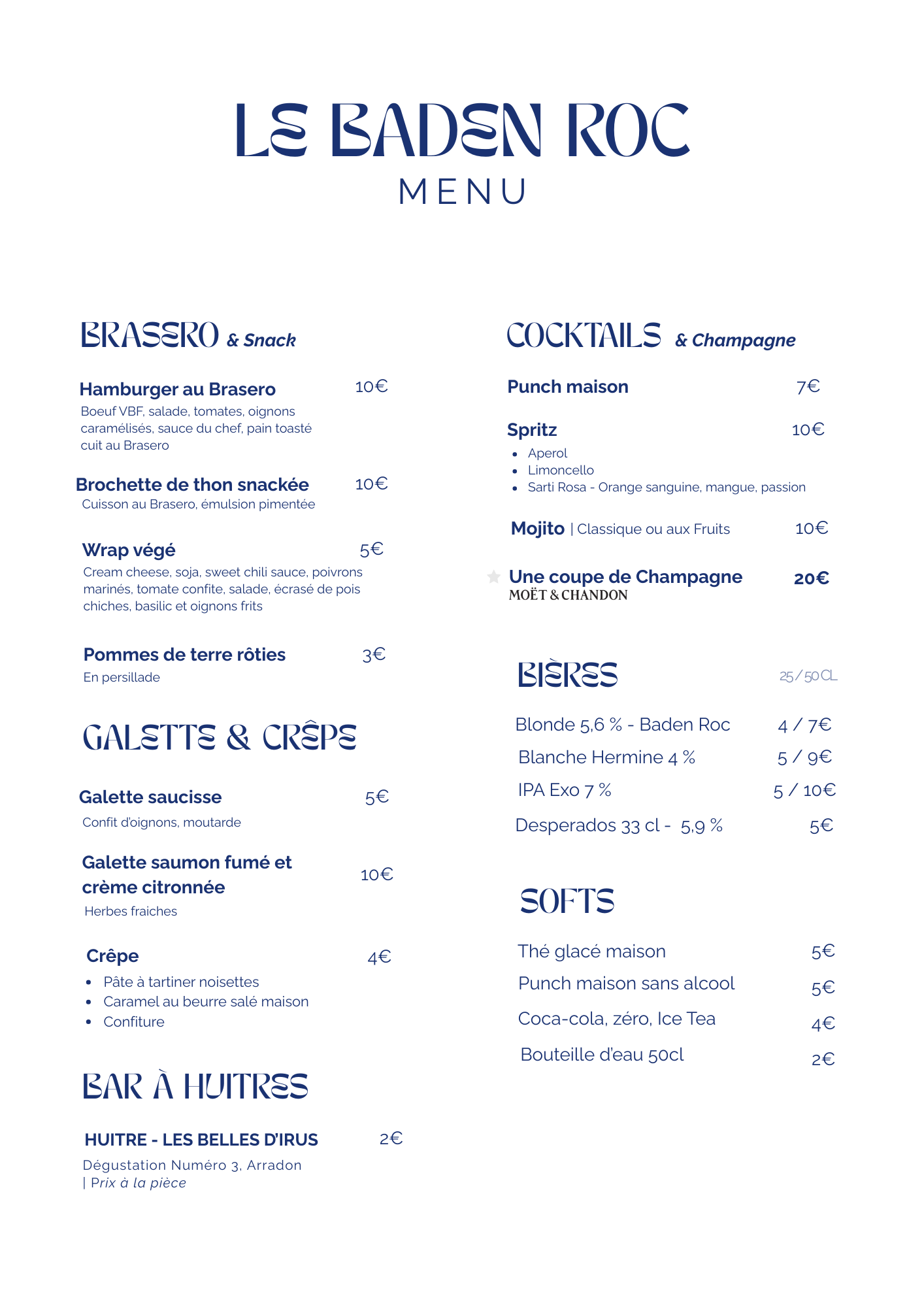 Carte Brasero burger huitres open air baden roc