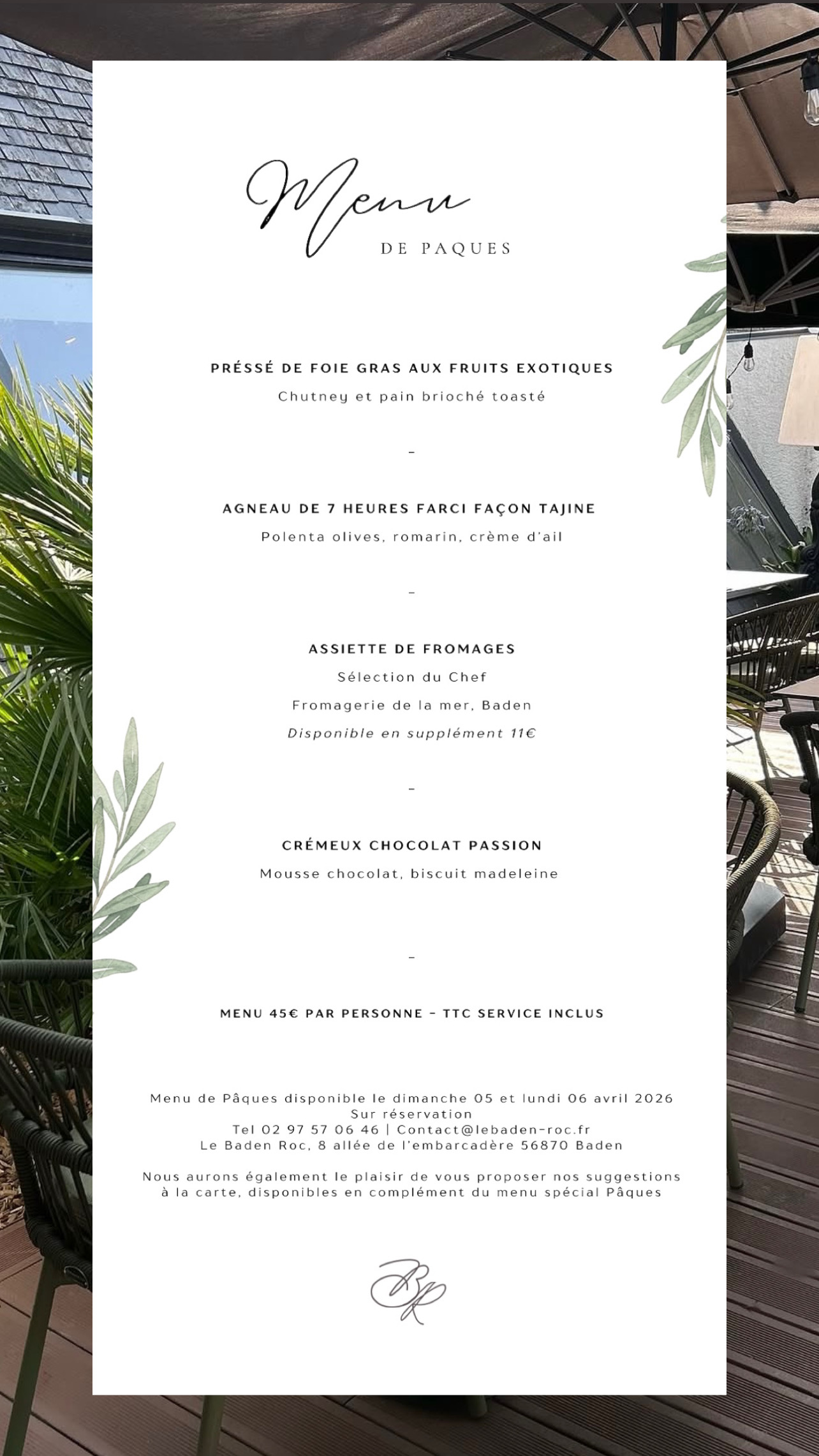 Menu de Pâques - Baden roc - restaurant vue mer 