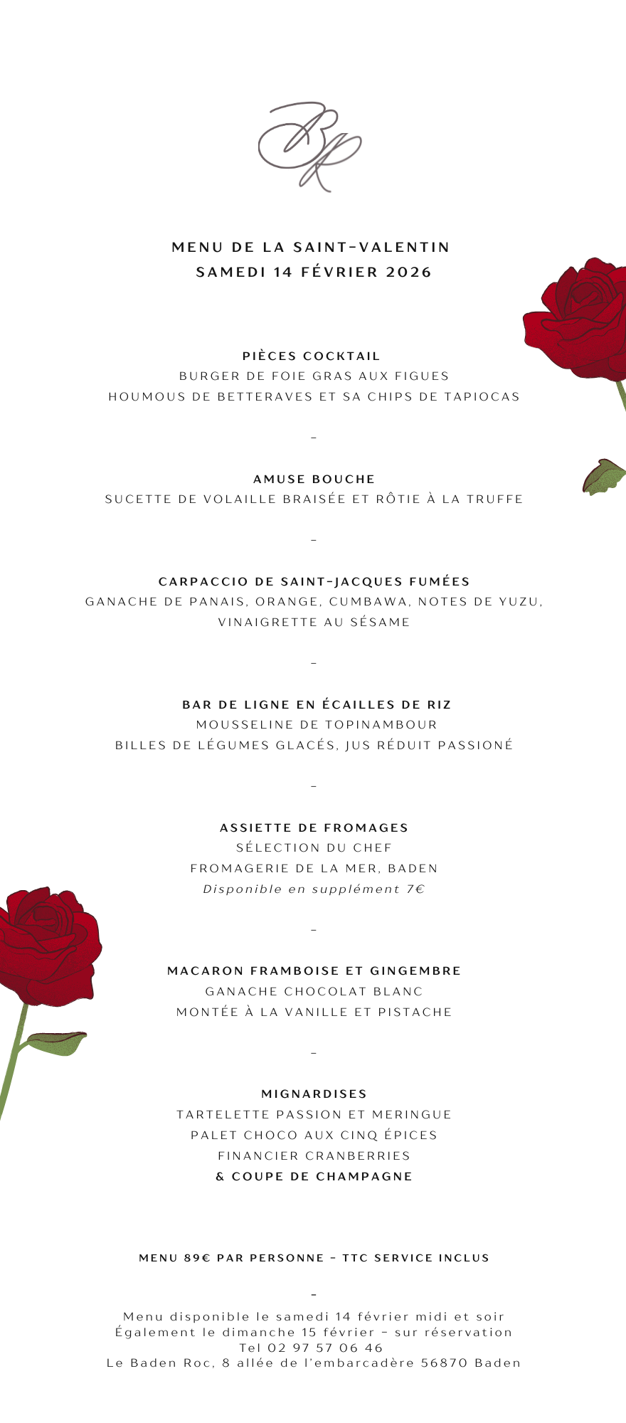 Menu Saint-Valentin diner 14 février restaurant vue mer romantique