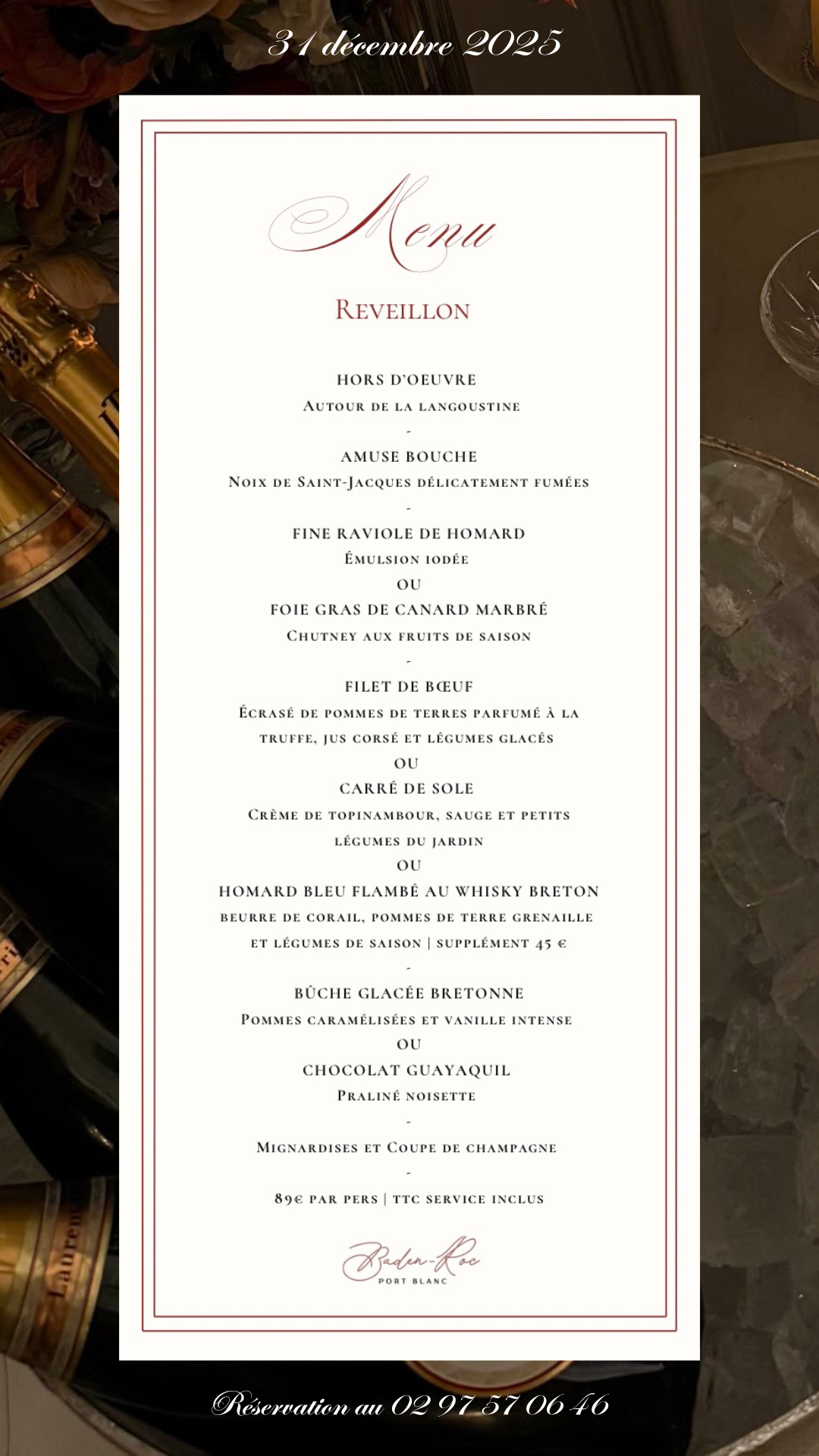 Nouvel an menu Réveillon Saint-Sylvestre Baden Roc vue mer Diner concert