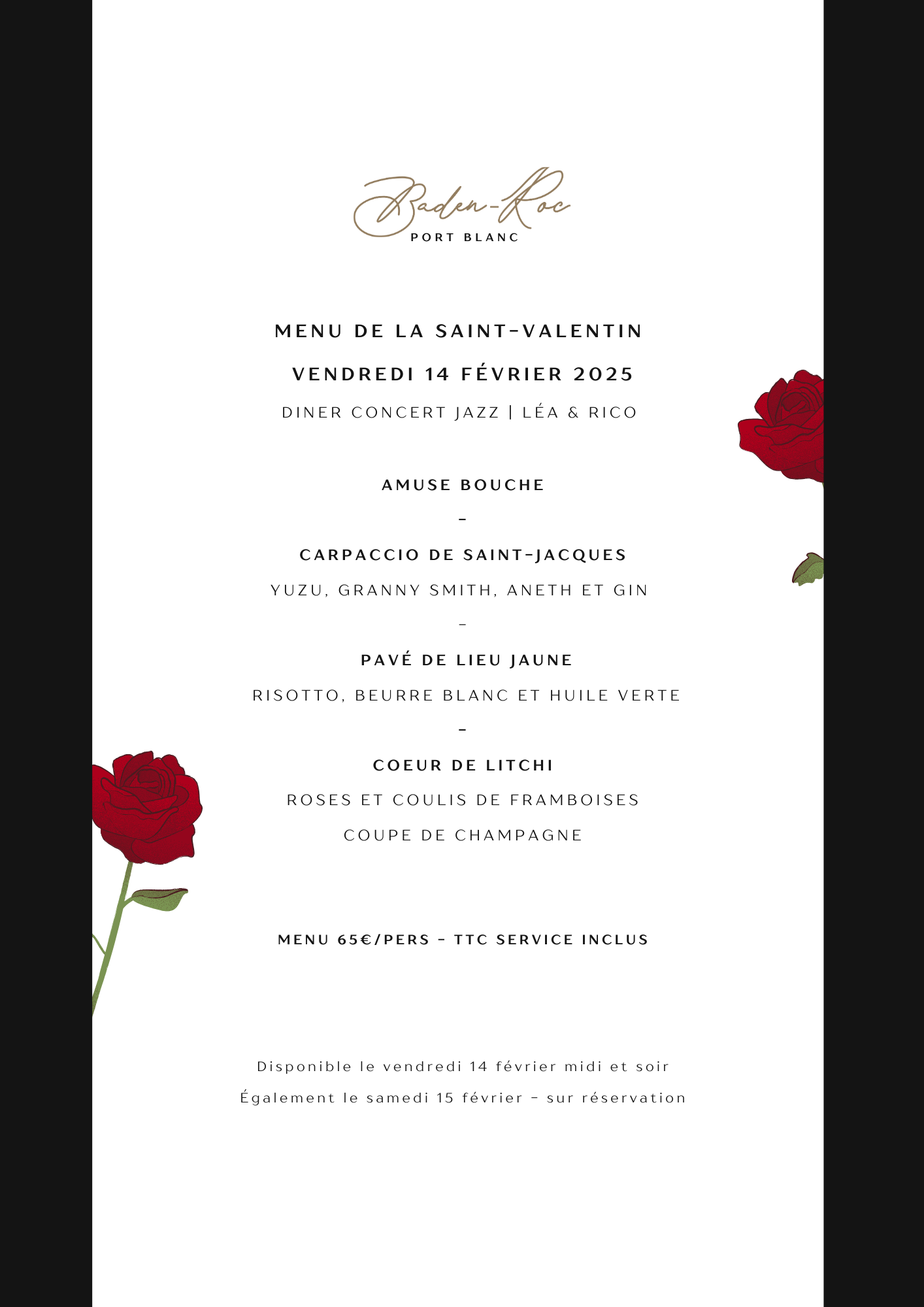 Diner de la Saint-Valentin - Soirée Jazz - Diner aux chandelles, vue mer 